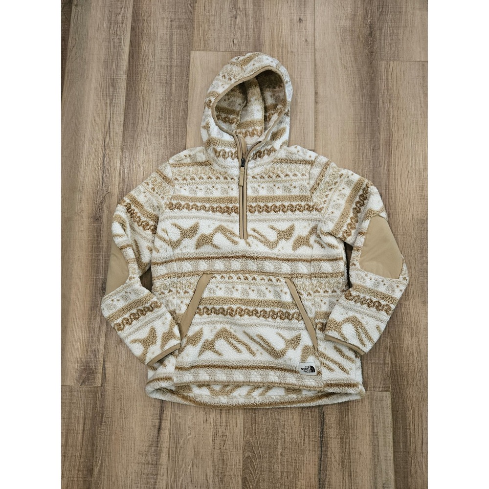 The North Face Womens Medium Sherpa Fleece Hooded Half Zip Pullover Cream Tan M